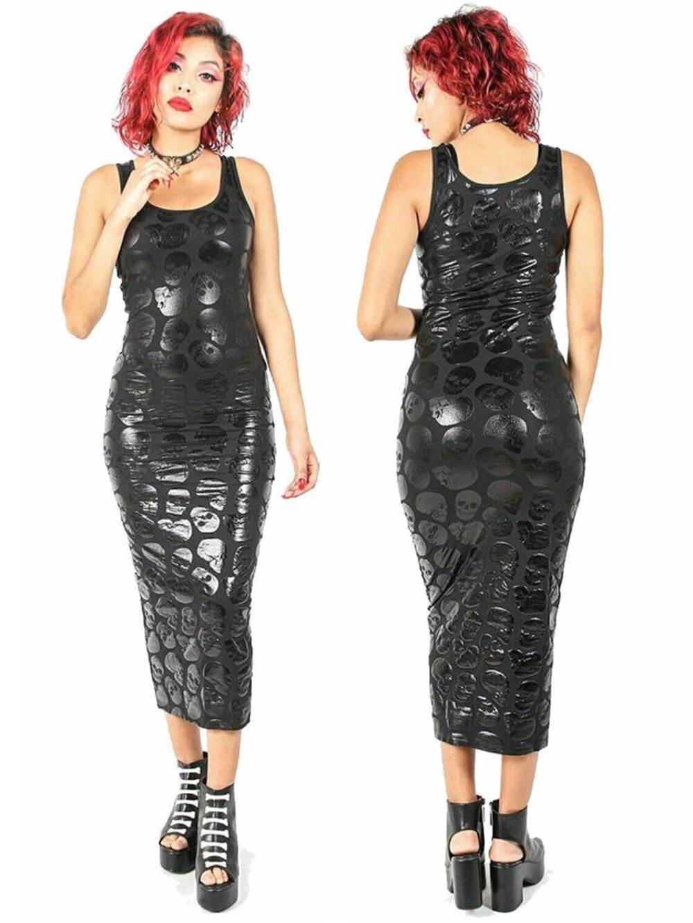 Iron Fist Skull Print Long Tank Dress in Gloss Black XS